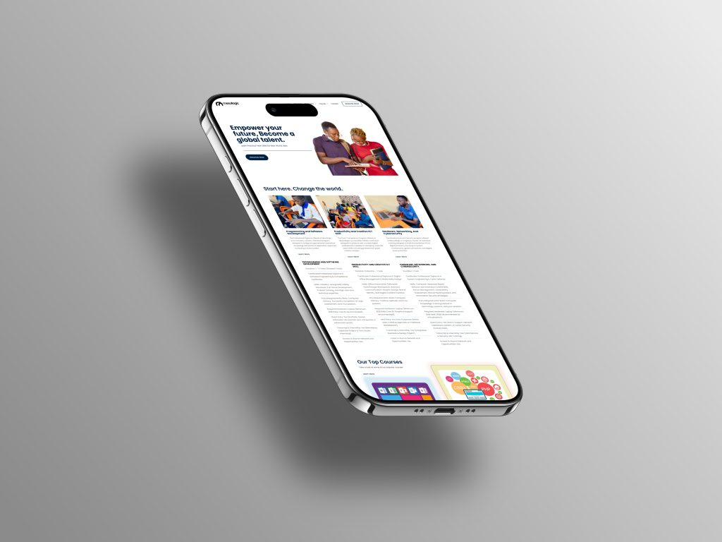 A high-end smartphone floating at an angle against a clean, gray gradient background, displaying a long-scroll mobile version of a tech education website.