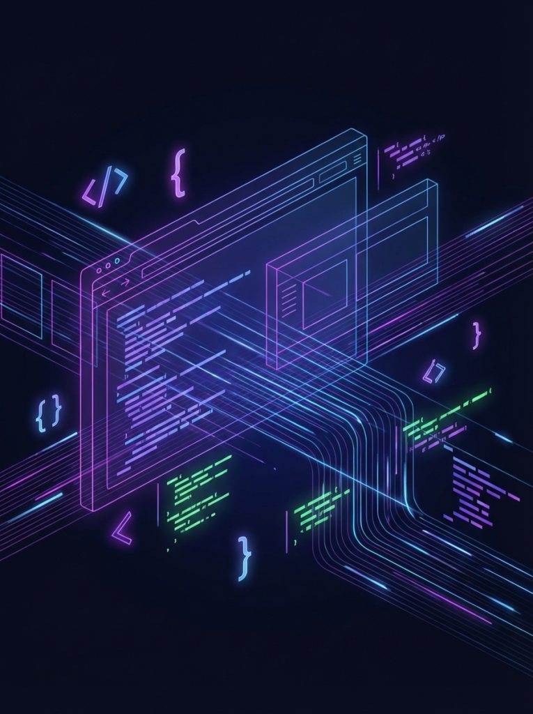 Abstract representation of website development with code elements and digital structure on a dark background