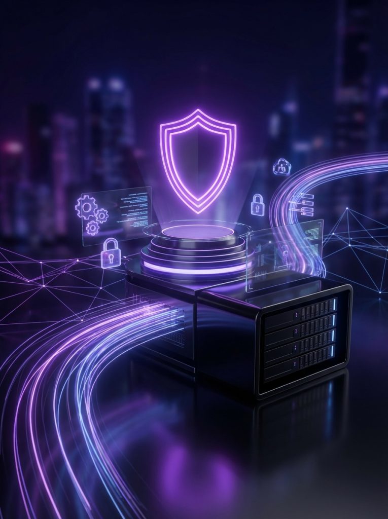 Digital system protection and website maintenance concept with shield and glowing elements