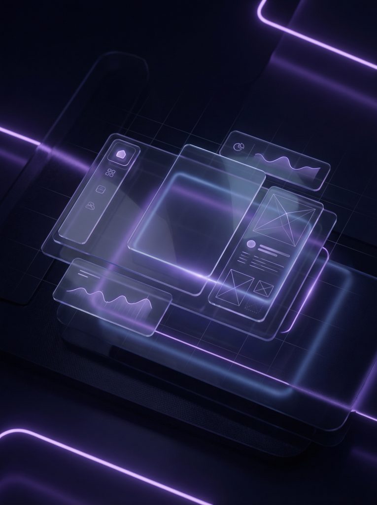 Modern web design interface with user-focused layout and UI elements on a dark background